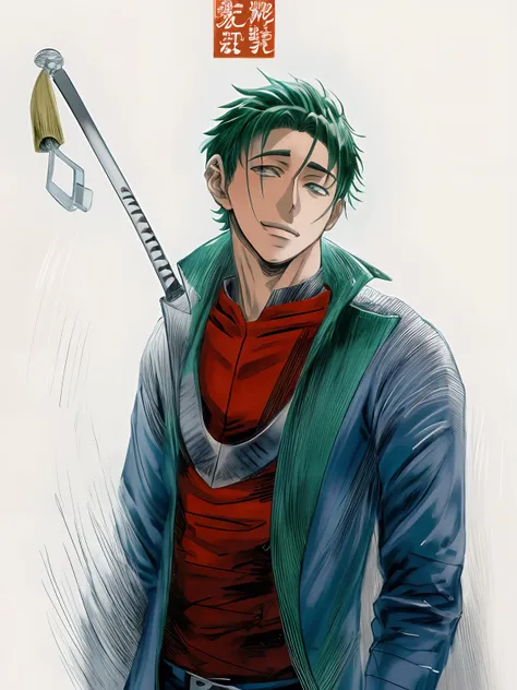 desenho anime de um homem com uma camisa vermelha e jaqueta preta, homem bonito anime, personagem de anime masculino, Kentaro Miura estilo de arte, Roronoa Zoro, kentaro miura manga style, kentaro miura manga art style, inspirado em Sugimura Jihei, persona...