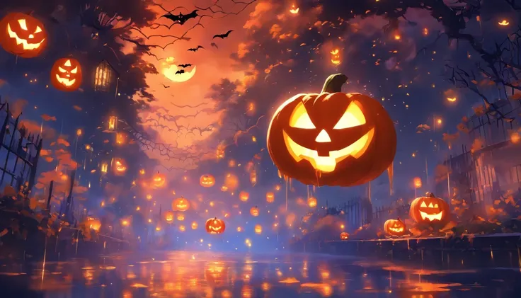 Halloween Floating Lights, Light and reflection in the film, glowing lights, Intermediate elements of the metaverse，Digital Painting, Bright Reflections, reflect, Halloween Jack-o-lantern, Quiet night, Digital Illustration, lovely atmosphere, Skylight at n...