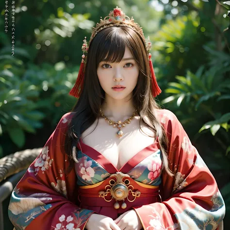 (Fight fiercely with dragons)、top-quality、​masterpiece、超A high resolution、（Wearing a colorful Japan kimono）、Kimono with beautiful pattern、(Wearing a beautiful crown made of jewels),(Photorealsitic:1.4)、Raw photo、女の子1人、Japan big castle background、glowy skin...