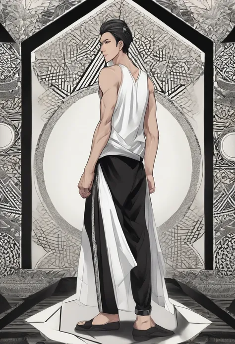 masterpiece, best quality, absurdres, asian man, slender, (white and black loose tanktop and pants, geometric patterns, abstract zentangle background:1.4), wide angle, bloom, glow, dynamic lighting, dramatic lighting, silver jewelry, half black half white ...