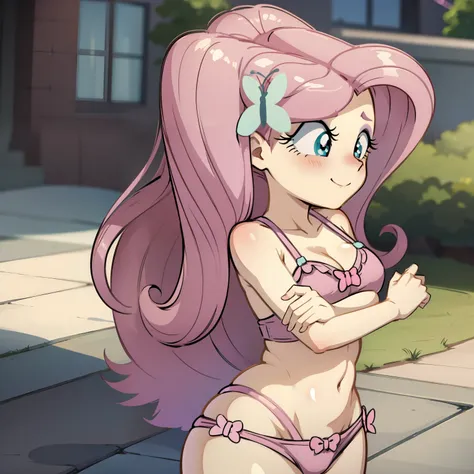 fluttershy, bikini, equestria girls fluttershy, pink hair, curvy, blush,smiling, sexy bikini,cuerpo completo, really sexy,