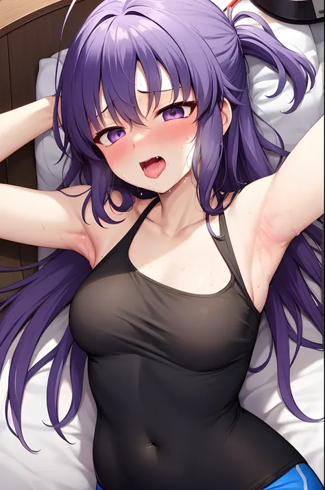 suggestive:1.3), (corruption), 1hayase yuuka, (sleeveless black shirt), purple hair, purple eyes, blush, upper body, (ahegao:1.1),(naughty face), collarbone, trembling, sweat, sweatdrop, heart, skindentation, (crazy:1.3), (speed lines), (at home) , in bed,...