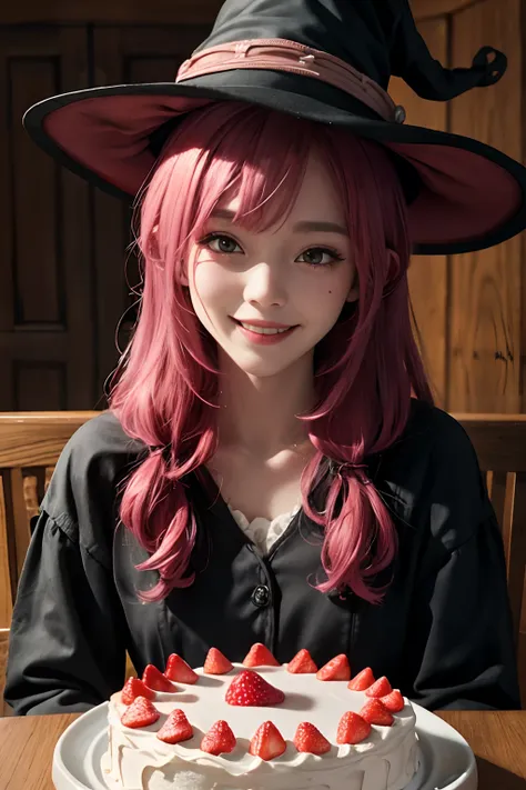 strawberry witch, straberry cake, strawberry house, cute smile, 4k, very detailed.