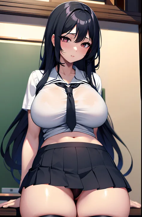 High school girl, huge breasts, untied long black hair, long black hair, twisted eyes, long eyelashes, nice and cute huge breasts, white underwear and skirt, sexy pose showing underwear shorts, big boobs, thighs, anime style , beautiful anime schoolgirl, s...