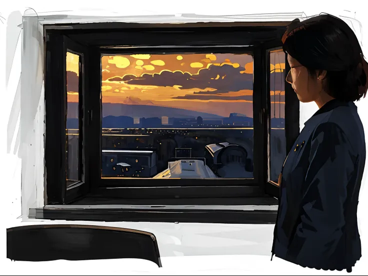 a drawing,Night view of the city outside the window,(Blue glass windows),China in the 90s of the 20th century,Retro,warm interior,It was raining outside the window