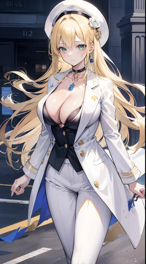 Chains，耳Nipple Ring，choker necklace，Forehead，middle parted hairstyle，femele，Train station，a beauty girl，Long light blonde hair，green pupills，Business suit，white business suit，in suit，White color blouse，shorter pants，wind coat，Cowboy hat，Flower arrangement ...