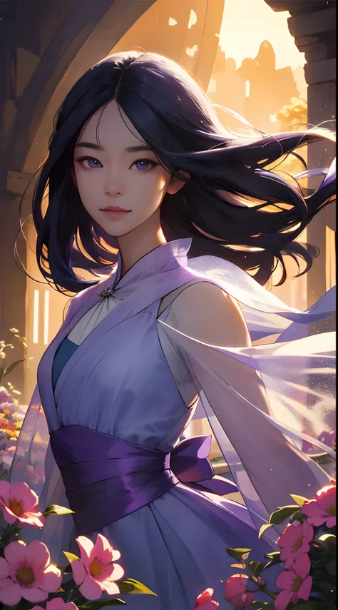 A girl wears a light purple dress long dress，Shawl with long hair，fresh flowers，the setting sun，depth of fields，独奏，夏天，Close-up of people），high detal，high qulity，Good atmosphere，delicated，cg render，detail render，（Delicate facial portrayal）（Fine hair portray...