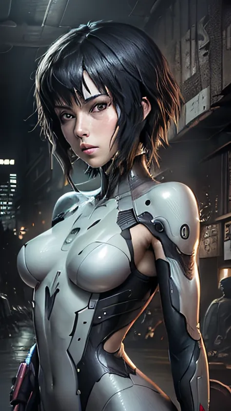 ghost in the shell kusanagi corpo escultural, numa maquina com cabos e fios ligados,