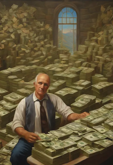 A detailed painting , Surrounded by a barrage of dollar bills