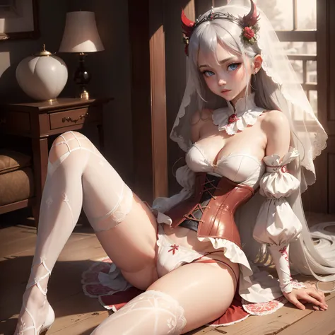 ((the Extremely Detailed CG Unity 8K Wallpapers)), masutepiece, Ultra-detailed, floating, High resolution, Sexually suggestive, (Petite, ridiculously long gray hair, Princess, White Devil Taoism, Blue eyes, (White and red see-through gorgeous panties、Long ...