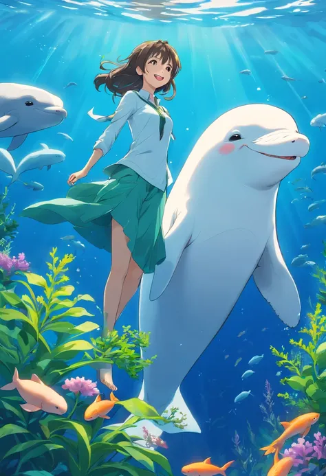 Smiling beluga whale on blue background，Green aquatic plants，Best Masterpiece，ultra intricately detailed，超A high resolution，fish flocks