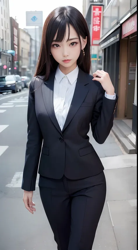 ((unparalleled masterpiece ever、best qualtiy、erfect artwork))、(realisitic, Photorealsitic:1.37)、1girl in、17 age、japanes、cute little、((Suit))、((full body seen))、(Walking in the city)、long lashes、heavy eye makeup、Dark eyeshadow、Korean Makeup、Posing、action、So...