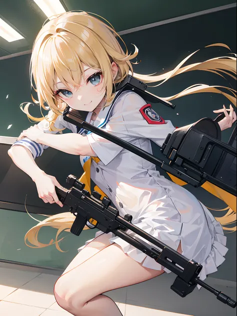 Chica de pelo blanco sosteniendo un rifle de asalto, Uniforme escolar, La mejor calidad, 4k-resolution, Apuntando al espectador, Sonriendo al espectador, Small body, Classroom