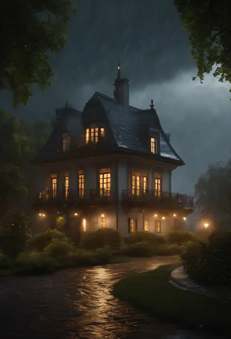 a house in the rain with the lights on, a detailed matte painting by Igor Zenin, shutterstock contest winner, magical realism, volumetric lighting, unreal engine 5, unreal engine