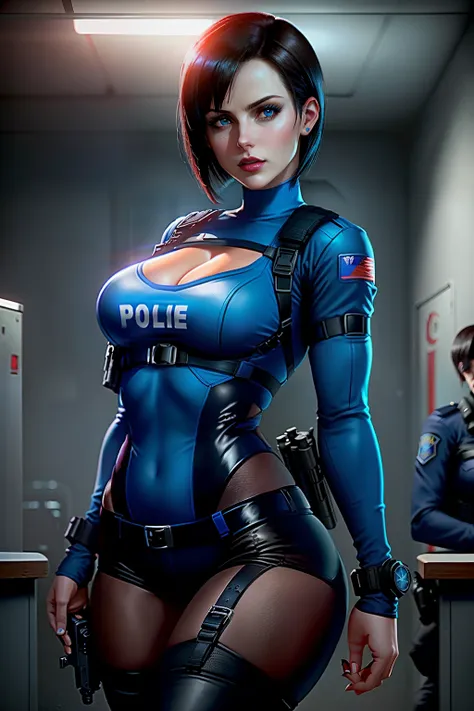 ((Jill valentine from resident evil series))(she has big glowing blue eyes)(bright red lips) (((short dark brown straight hair)))(dark eyeshadows make up)((big breasts)) (perfect slim body) ((wears blue strappless bodysuit and long black pants)) ((posing s...