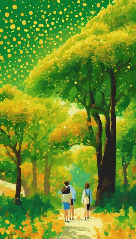 Golden Week resorts，green color，The tree，a person，Flat style illustration