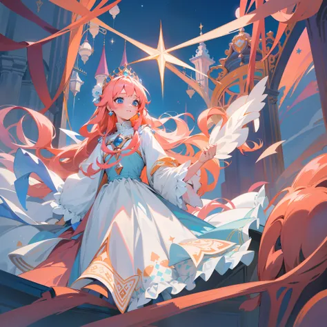 Woman with long orange-pink hair, blue eyes, blushing, royalty, nobility, princess, white and blue dress, garden, starry sky, blushing, surprised, high quality, highly detailed, detailed face