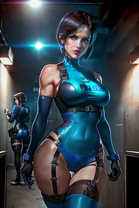 ((Jill valentine from resident evil series))(she has big glowing blue eyes)(bright red lips) (((short dark brown straight hair)))(dark eyeshadows make up)((big breasts)) (perfect slim body) ((wears blue police bodysuit)) ((posing sexy inside police station...