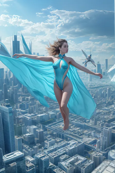 A naked beautiful woman, with only a small ice-blue cape, flying high above the futuristic city.8K, realistic photo, masterpiece