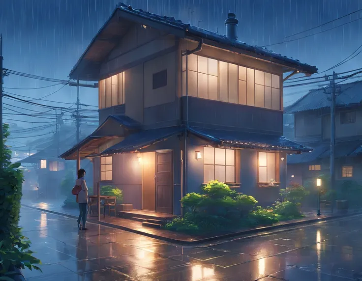 a house in the rain with the lights on, a detailed matte painting by Igor Zenin, Winner of the Shutterstock contest, magical realism, volumetric lighting, Unreal Engine 5, unreal engine with heavy rain falling