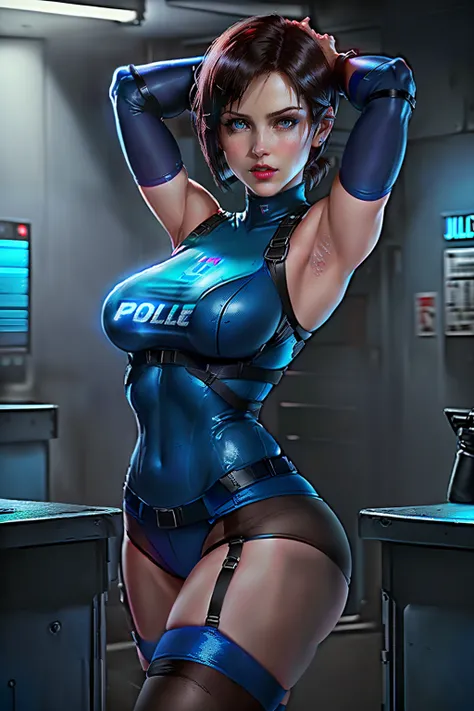 ((Jill valentine from resident evil series))(she has big glowing blue eyes)(bright red lips) (((short dark brown straight hair)))(dark eyeshadows make up)((big breasts)) (perfect slim body) ((wears blue police bodysuit)) ((posing sexy inside police station...