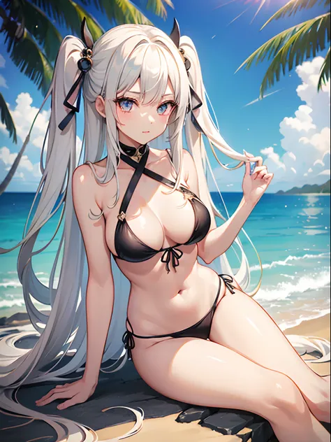 ((Best Quality)), (ultra-detailliert), ((Extremely detailed)), (Beautiful), ((Kawaii Girl)),(two side up hair)、((masutepiece)),Platinum Blonde Hair,Long hair, hair between eye, Wavy Hair, Long sideburns,Jade-colored eyes, White skin,Normal Chest,Slender bo...