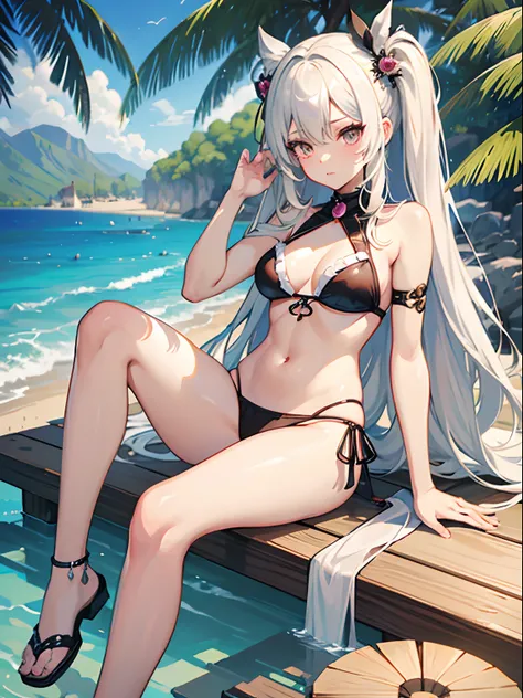 ((Best Quality)), (ultra-detailliert), ((Extremely detailed)), (Beautiful), ((Kawaii Girl)),(two side up hair)、((masutepiece)),Platinum Blonde Hair,Long hair, hair between eye, Wavy Hair, Long sideburns,Jade-colored eyes, White skin,Normal Chest,Slender bo...