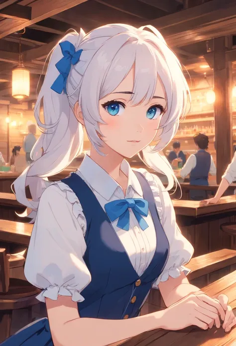 White color hair，Double ponytail curls，blue color eyes，White Lolita，Beth，Inside the tavern