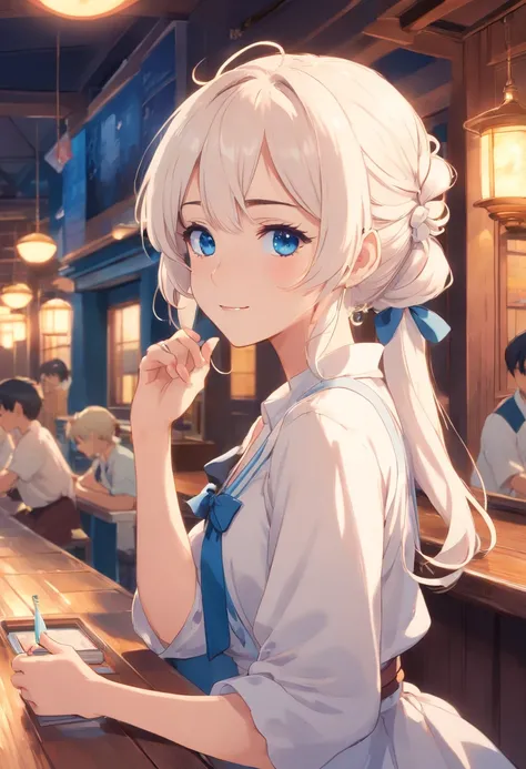 White color hair，Double ponytail curls，blue color eyes，White Lolita，Beth，grin，Inside the poss tavern