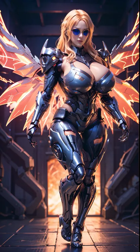 (Nsfw:1), (PHOENIX HEAD), HUGE FAKE BOOBS, (BEAUTIFUL FACE), (BLONDE HAIR), (RGB:1), (TACTICAL GLASSES:1.3), (MECHA ARMORED GEAR), (((A PAIR OF HUGE MECHANICAL WINGS SPREAD OUT))), FUTURISTIC MECHA SUIT, (CLEAVAGE), (SKINTIGHT YOGA PANTS), (PERFECT BODY:1....