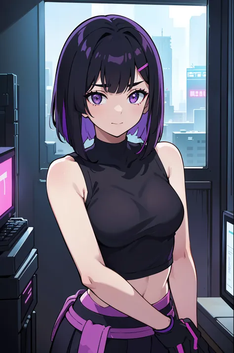 1girl, solo, teen girl, petite, (black hair), (colored inner hair, purple hair), straight hair, (bob cut), short hair, assymmetr...