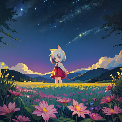 ((in the style of pixel art)), 16-bit, a wide landscape photo, (viewed from below, the ((dark starry night sky)) is above, and the open field is below), 1girl, ((nekomimi)), a distant ((child chibi catgirl)) is standing on the flower field looking upward, ...