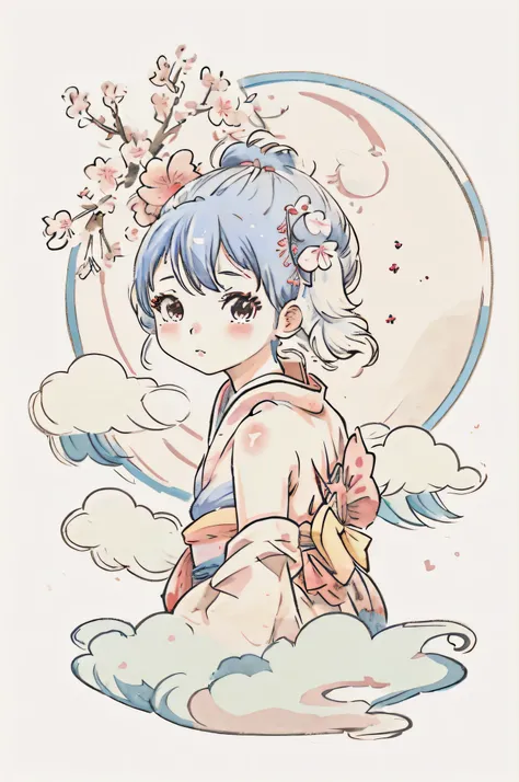 1 sticker, sticker, nikkaze, (cute girl), (gorgeous kimono), (gorgeous hair accessory), (Japanese traditional hairstyle), cherry blossoms, clouds, behind is a huge round moon, stars, white background, no background, simple background, minimal, cute, tiny, ...