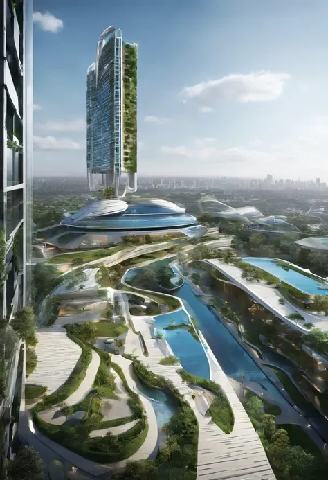 Urban design of the future，The shape of the building is special，There is a sense of design，aestheticly pleasing，Renderings，There are flowers，There are greenery， Rich in color