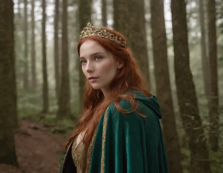 Red-haired woman with a golden tiara on her head and a navy green winter cloak with golden details, RPG personagem, Era medieval,Mulher elfa. Duende de cabelos ruivos, olhos azuis,Elfo da Floresta, Armadura Verde de Musgo,soft-lighting,Standing in the midd...