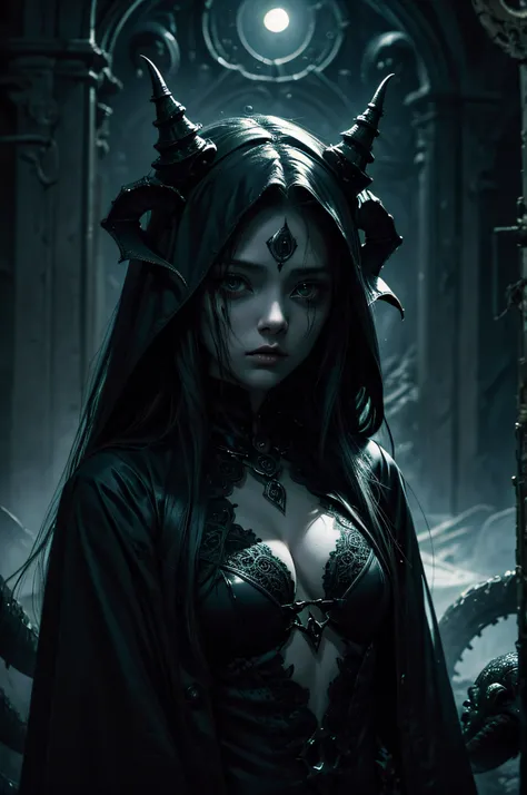 n a dark and oppressive atmosphere，A maiden was born in the Cthulhu style，Under her face was the body of an evil god。The atmosphere of terror pervaded the gloomy and twisted night，The picture is clear，detail-rich，Showcases a high-quality anime style。