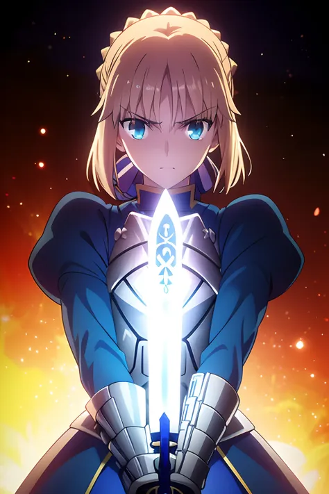 fate, saber, upper body center, (blue clothing:1.2), silver armor, holding a sword, the blade of the sword shines