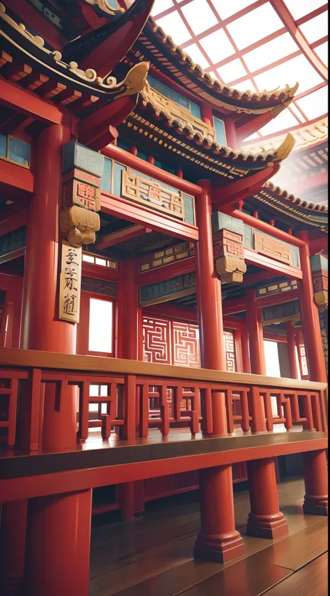 The main hall of an ancient Chinese temple，There is a plaque on it，Exquisite interior，Depth of field effect，Be imaginative，fanciful，senior color matching，Cant believe how beautiful it is，Spectacular，face，16k