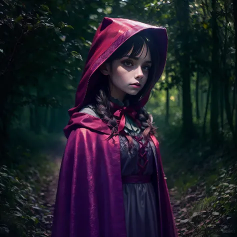 "(((masterpiece))), person as Littele Red Riding Hood, forest, eerie atmosphere, dark shadows, dramatic lighting"