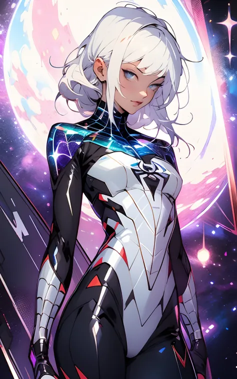 White hair, galaxy backdrop