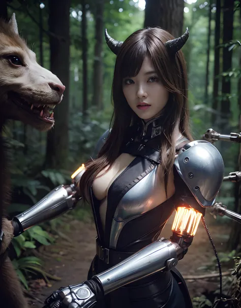 (1 Mechanical Girl)、top-quality、​masterpiece、超A high resolution、(Photorealsitic:1.4)、Raw photo、女の子1人、Fight mutants、glowy skin、(((1 Mechanical Girl)))、With a beautiful knife、（Silver Metal Bodysuit）、(Kobold、ogre、Fierce battle with orcs),（Fight fiercely again...