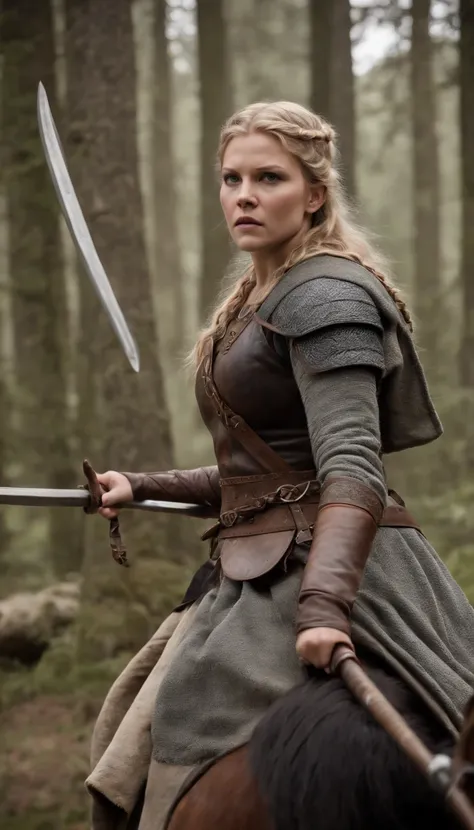 melhor qualidade, tmasterpiece, ultrahigh-resolution, (fotografia de realista:1.4), realismo ultrarrealista, Semelhante a um sonho,FusionArt, Create an image depicting Lagertha in the midst of a fierce battle, showcasing her incredible prowess and fearless...