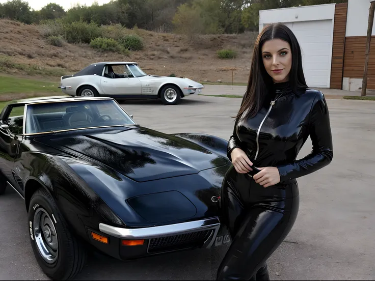 uma bela mulher ocidental posando diante de um corveta stingray 1978  preto, numa autoestrada no airzona. (01 mulher a penas) ((...