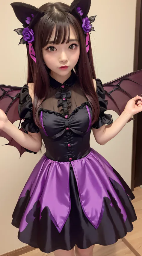 ((top-quality)), ((​masterpiece)),Woman doing Halloween cosplay、Little devilish、Cute Succubus、Functional、Purple and orange succubus costume, Cute Halloween decorated dress skirt, Costume with succubus wings、Halloween-style dress,AV Photography, perfectly p...