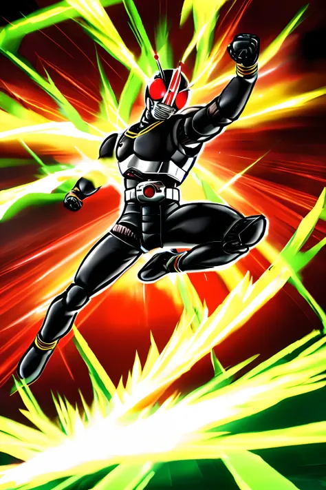 Kamen Rider Black doing a jumping punch with a glowing fist toward Bowser from Super Mario Bros