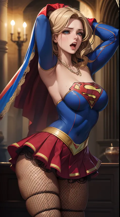 ((Back view)), (((rope bondage))), (((arms behind back))), (((Totalmente amarrado))), (((Fortemente contido com cordas))), (Shes wearing stiletto high heels.), ((SUPERHEROINE SUPERGIRL WITHOUT SKIRT, cabelo loiro, COSPLAY DE SUPERGIRL AMARRADA COM CORDAS, ...