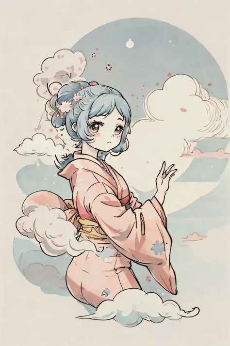 1 sticker, sticker, nikkaze, (cute girl), (gorgeous kimono), (gorgeous hair accessory), (Japanese traditional hairstyle), cherry blossoms, clouds, behind is a huge round moon, stars, white background, no background, simple background, minimal, cute, tiny, ...