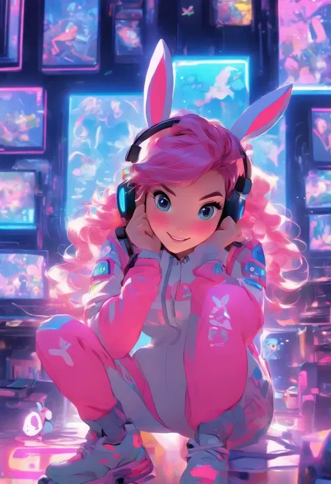 A cute girl with pink hair and blue eyes, wearing a white and pink jumpsuit and a headset with bunny ears. She is sitting in front of a computer screen, playing a video game with a controller in her hands. She has a smile on her face and a confident expres...