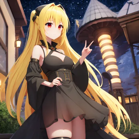 masterpiece, best quality, ultra-detailed, illustration, 1girl, solo, fantasy, flying, floating, Yami the Golden Darkness as a full grown woman, night sky, outdoors, moon, stars, clouds, wind, long layered yellow and blonde hair, elegant black coat, four p...