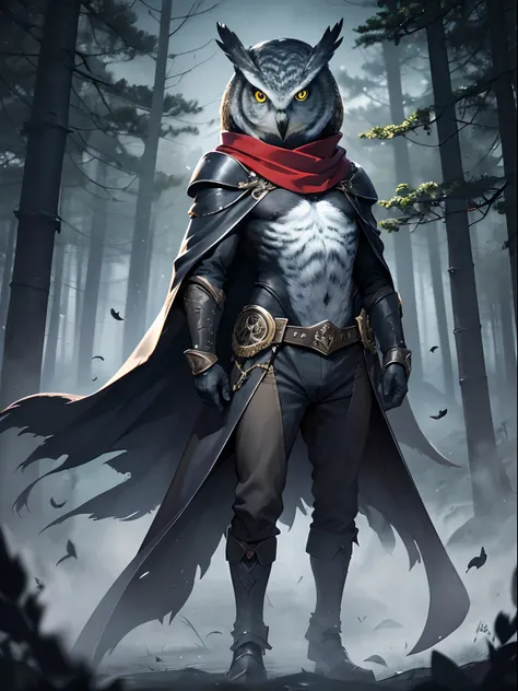 (best quality,4k,8k,highres,masterpiece:1.2),ultra-detailed,realistic,photorealistic:1.37, owl,roguish appearance,red scarf,dagger,bright yellow eyes,dark and mysterious,nighttime scenery,forest background,dappled moonlight,sharp shadows,ethereal atmospher...